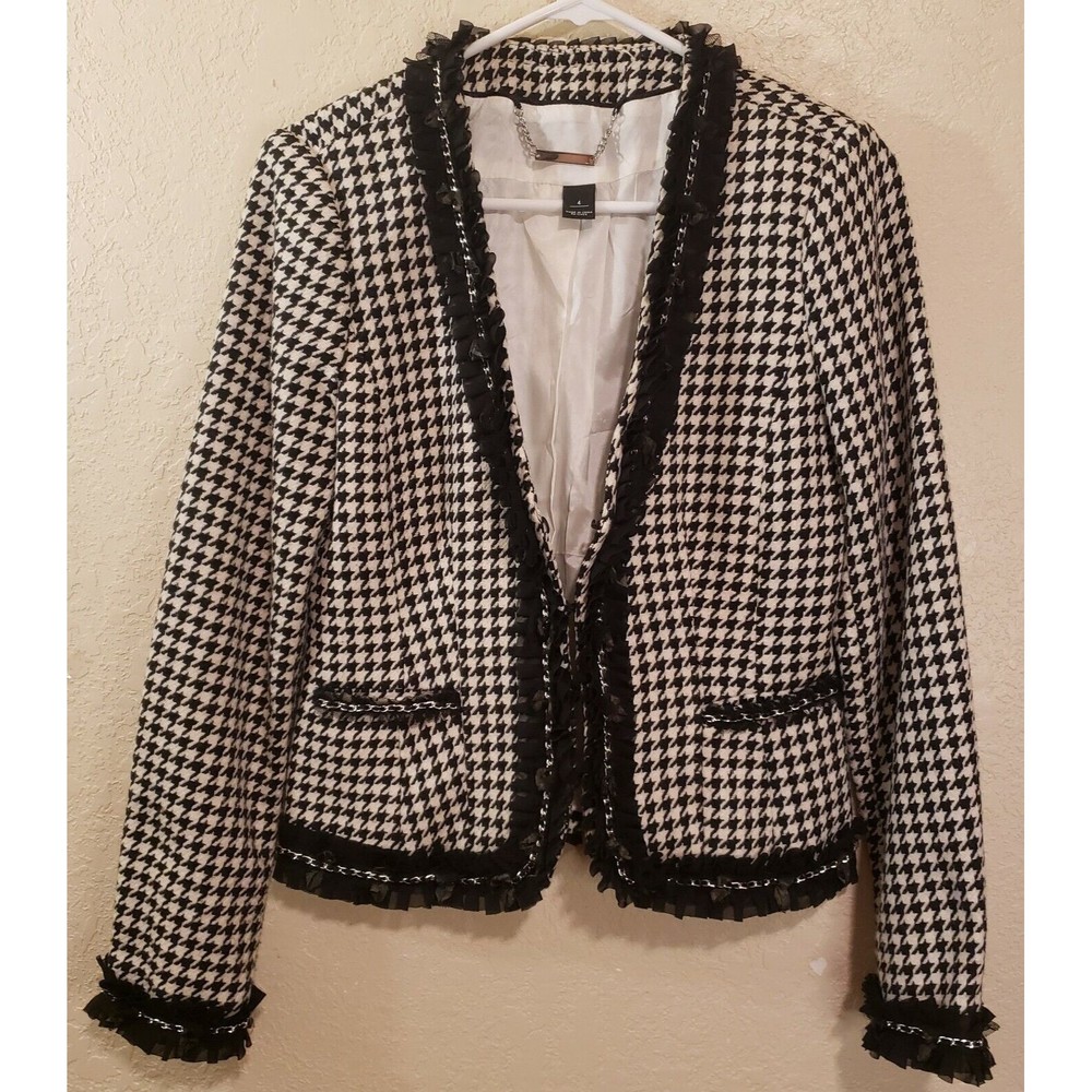 White House Black Market Houndstooth Blazer Chain Trim Hook Closure Size 4